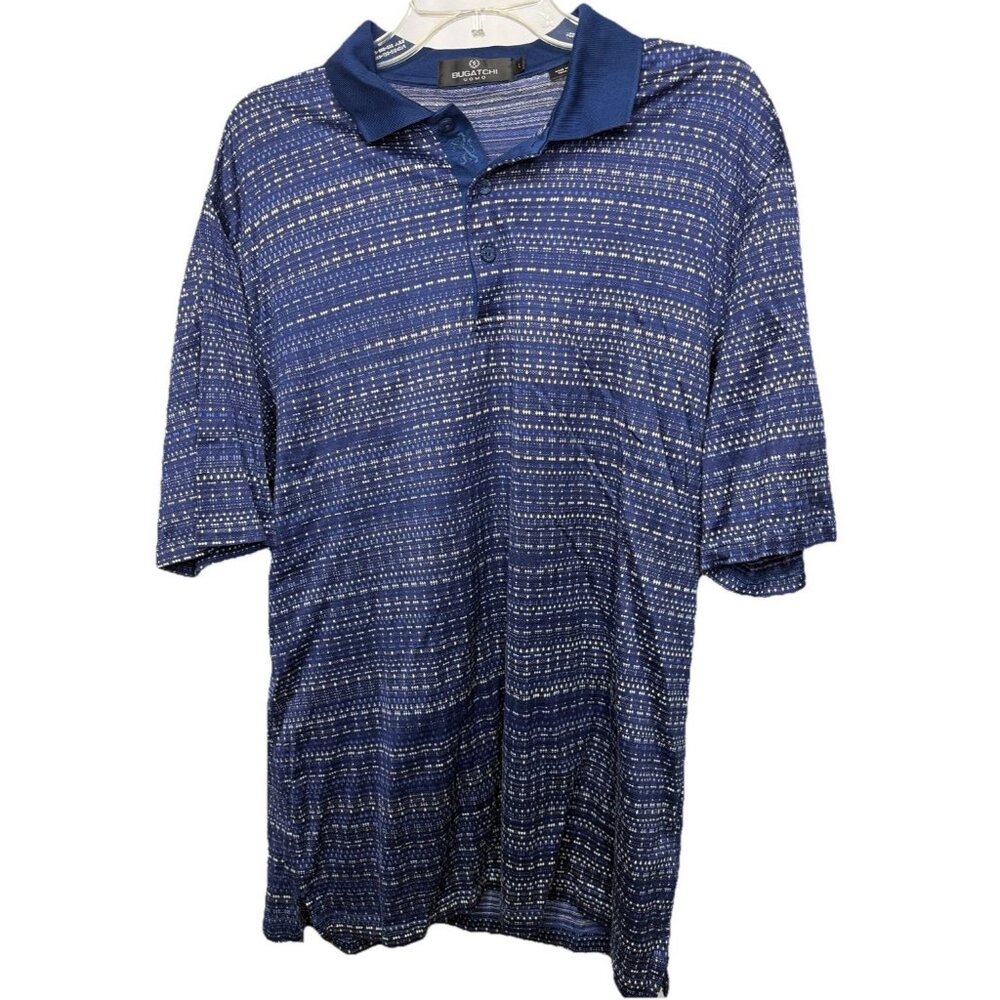 Bugatchi Men's L Blue Textured Geometric Mercerized‎ Cotton Knit SS Polo Shirt